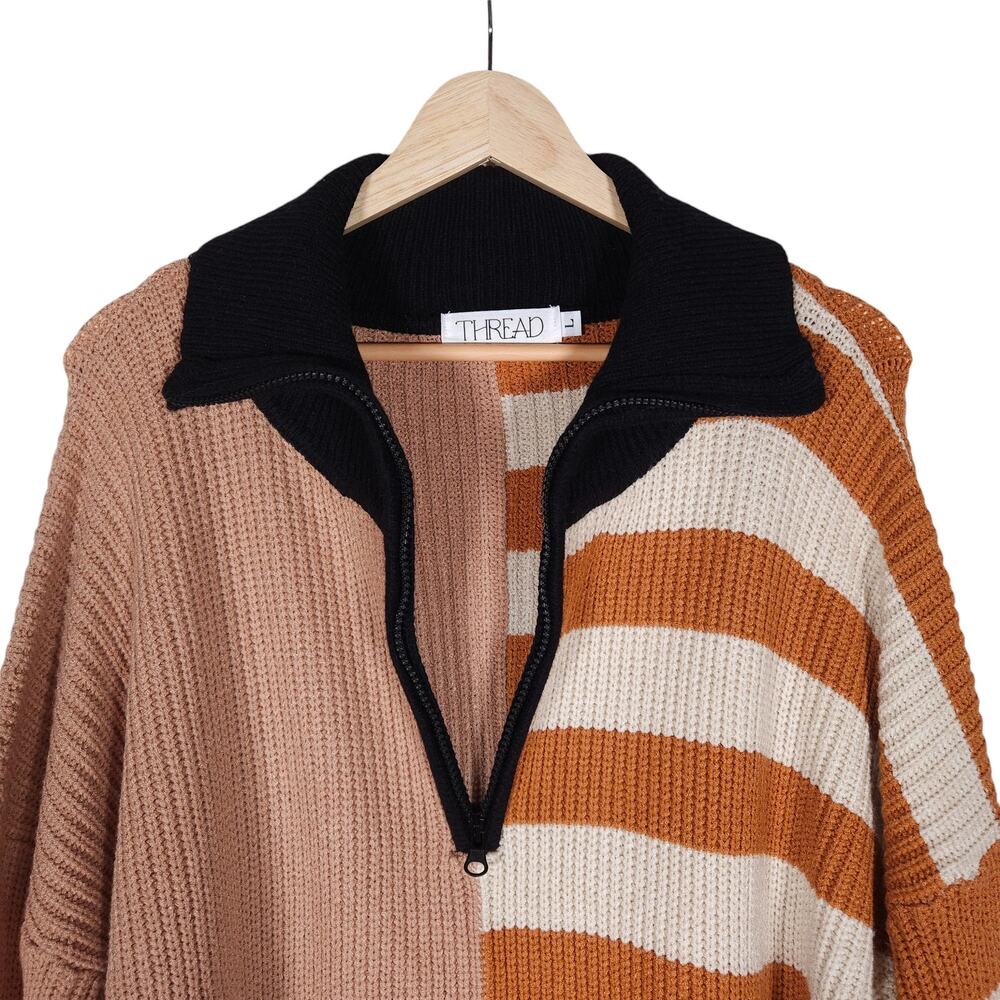 Thread Virginia Polo Sweater Large Orange Black Stripe Colorblock Partial Zip - Picture 5 of 14
